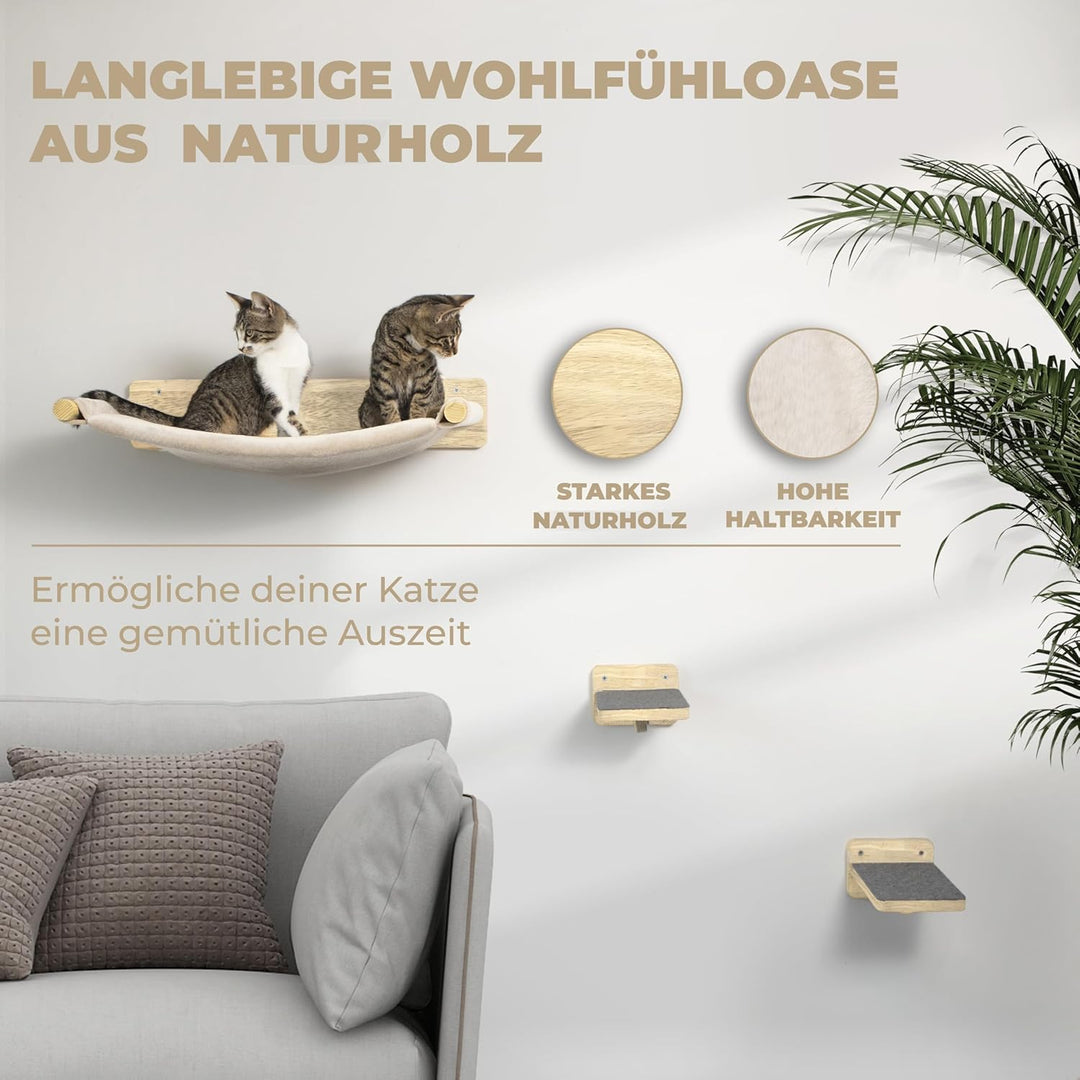 WOOWOOD® 2X Kletterwand Katzen - 2X Katzentreppe Wand [Vollholz] - Kratzbaum Wand - Hängematte Katze