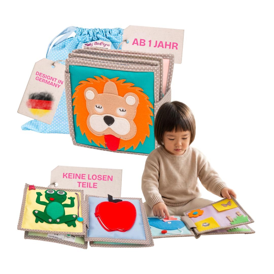 Jolly Designs Mini Quiet Book Dösender Löwe – Montessori Spielzeug ab 1 Jahr – Stoffbuch & Busy Book