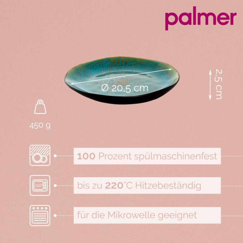 4 x palmer Lotus Teller flach, Steingut, Ø 20,5 cm, spülmaschinenfest, für ein 4 Personen Gedeck, au