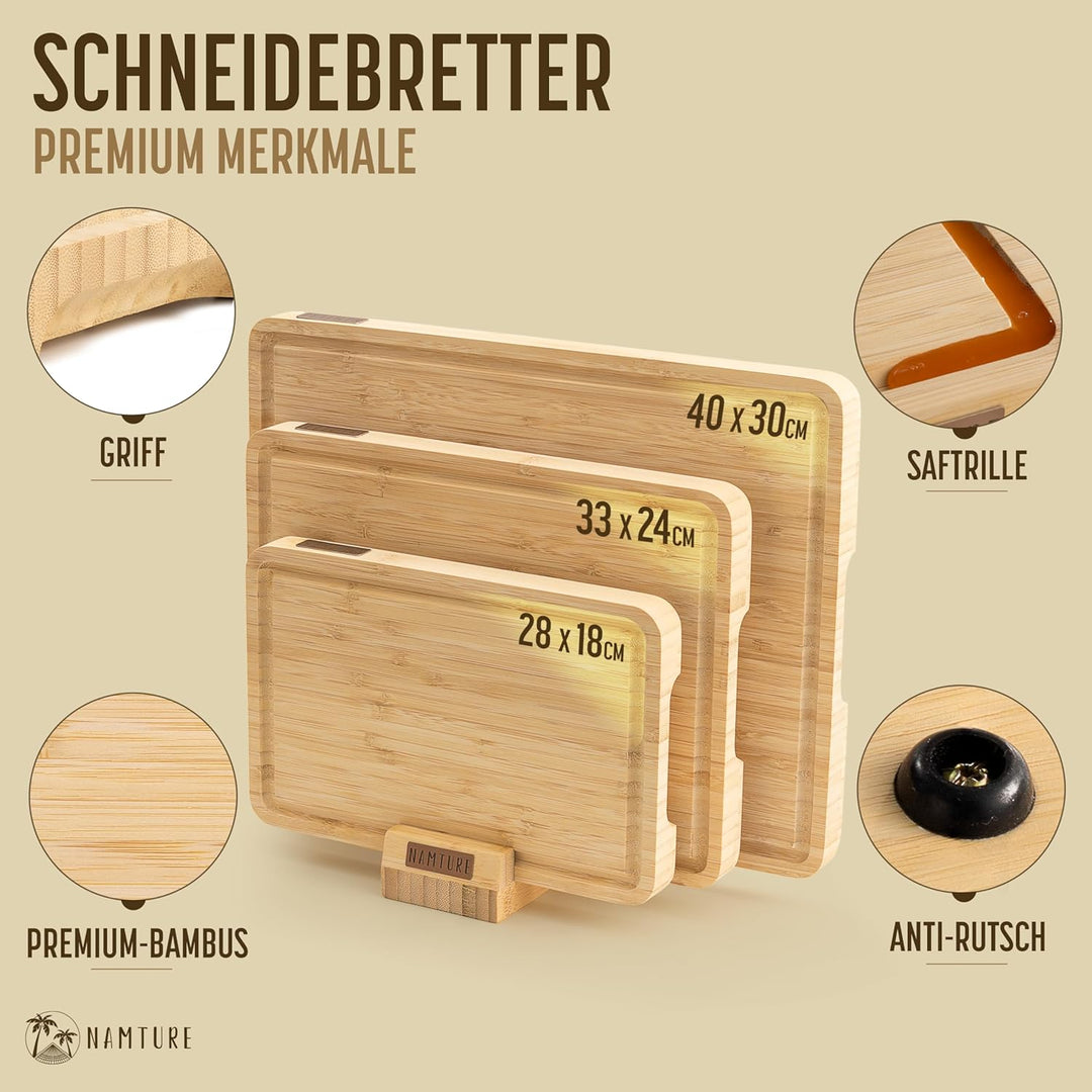Schneidebrett Holz Set – 2,5 cm stark, mit hochwertiger Öl-Oberfläche, Saftrille, Anti-Rutsch-Füssen