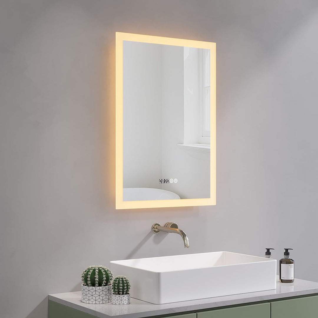 AQUABATOS LED Spiegel mit Uhr 50x70 cm Badspiegel mit Beleuchtung und Uhrzeit 3 Lichtfarben Dimmbar