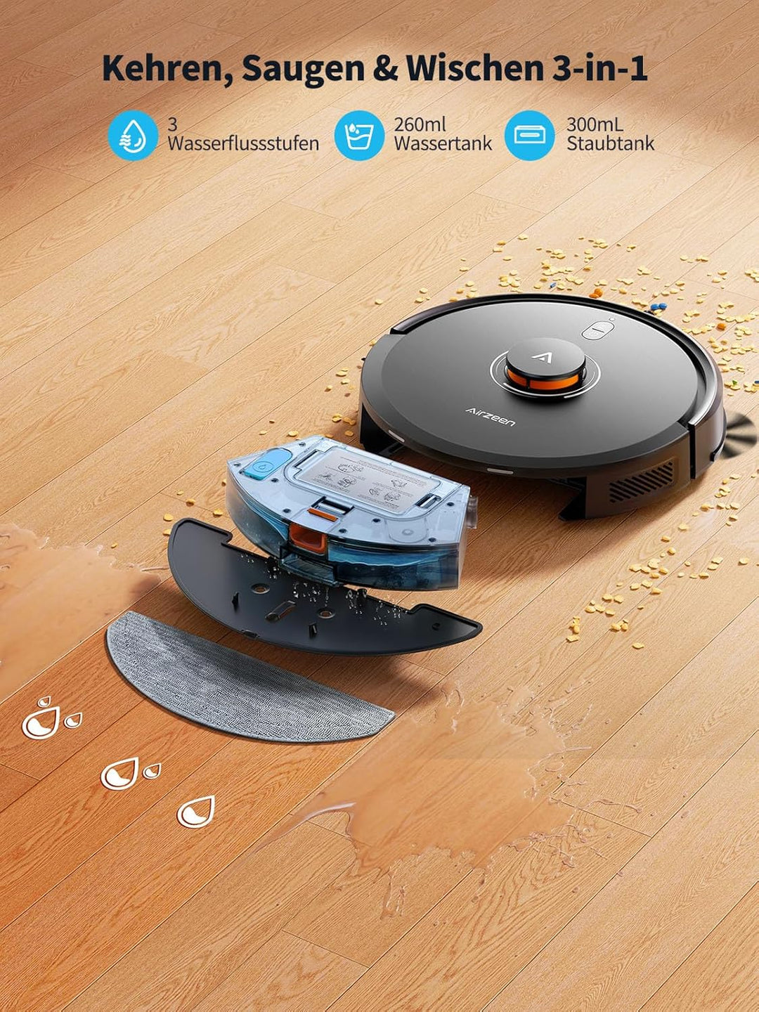 Airzeen Saugroboter mit Wischfunktion, Staubsauger Roboter mit Absaugstation, 6000Pa Saugkraft Saug