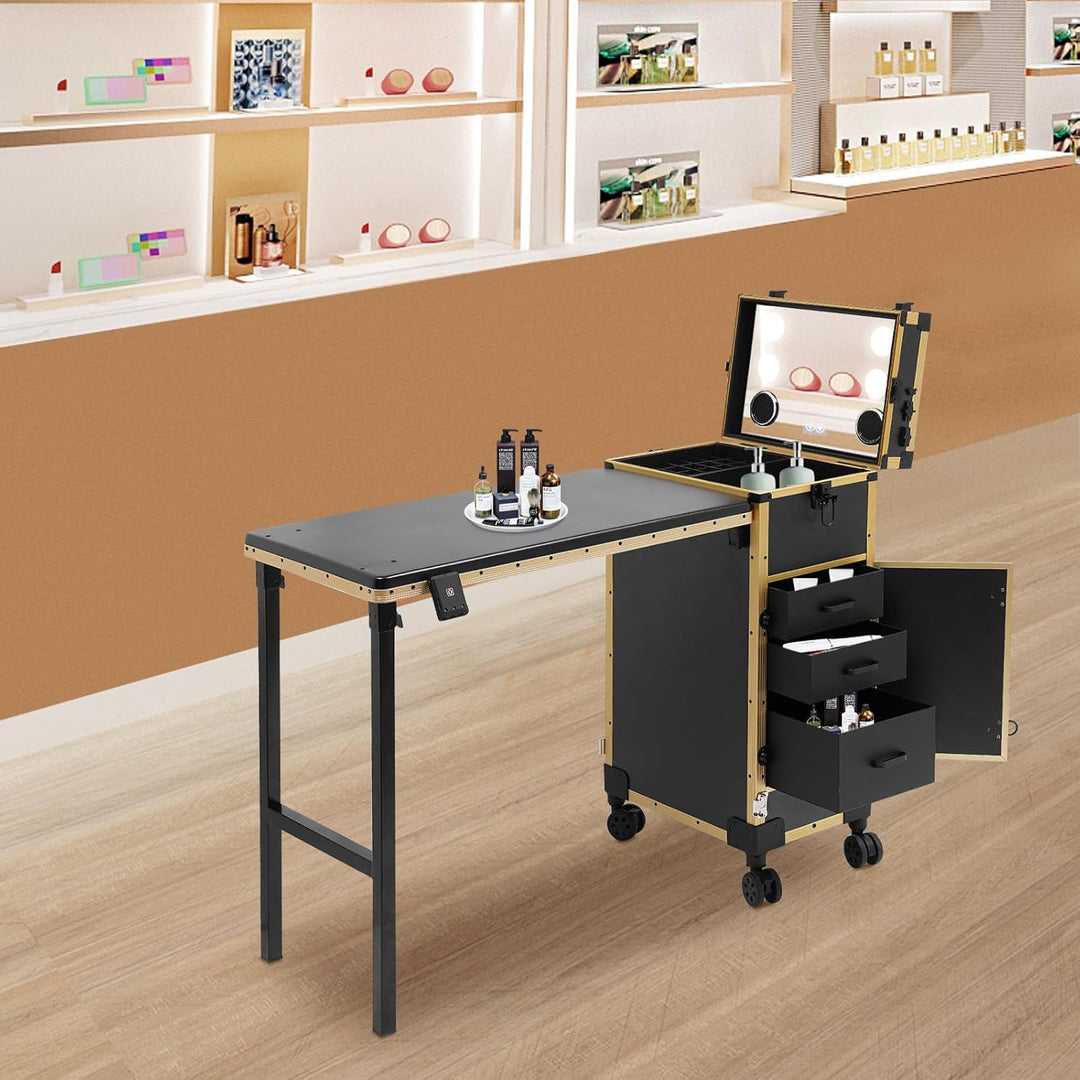 Professioneller Schminkkoffer mit Klappbarer Tisch, Rollender Friseurkoffer mit Spiegel & 3 Schublad