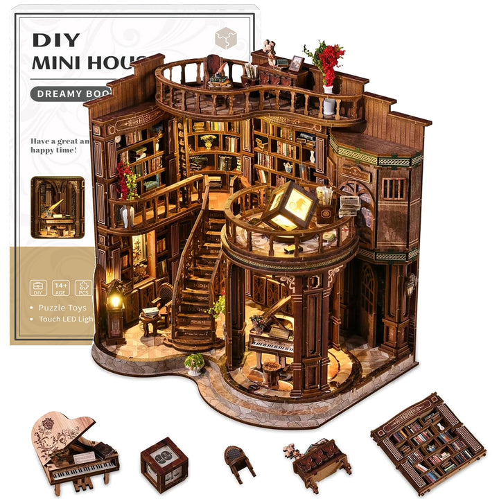 DIY Bücherregal-Nische Bausatz für Erwachsene – 3D Holz-Miniatur-Puppenhaus Modellbausatz, Bastelset