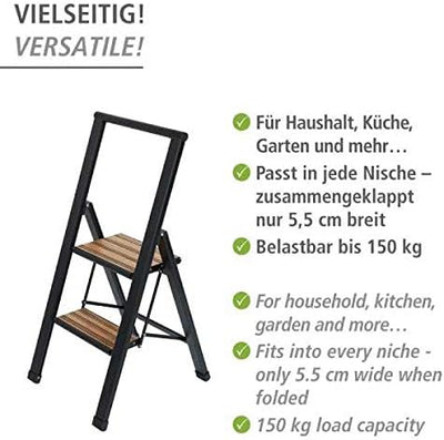 WENKO Leichte Aluminium Trittleiter mit 2 Stufen für 50 cm höheren Stand, rutschsichere XXL-Stufen,