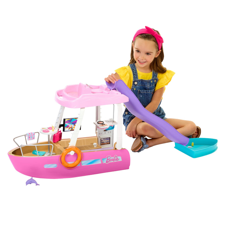 Barbie Traumboot Spielset, Rutsche und Schwimmzeug, 20+ Barbie-Zubehörteile, ohne Barbie-Puppe, als