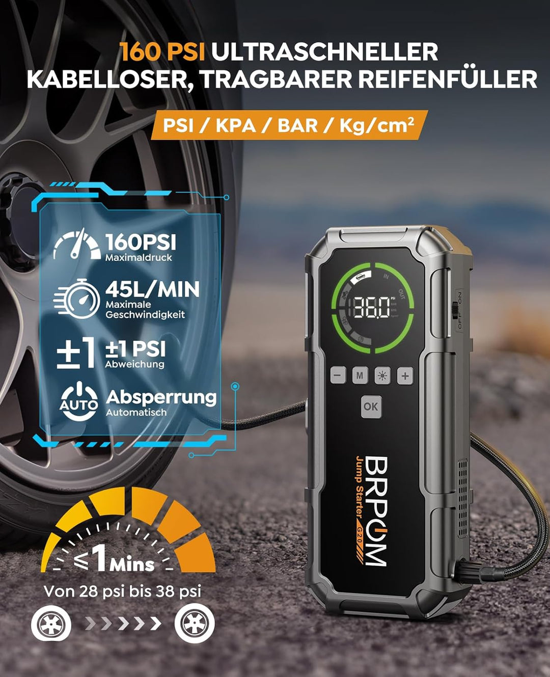 BRPOM Starthilfe Powerbank 8000A, Auto Starthilfe mit Kompressor 160PSI, 26800mAh Batteriestarter fü