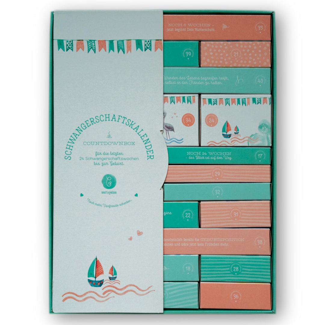Erstausstattungs-Schwangerschaftskalender/Countdownbox mit Geschenken für 24 Schwangerschaftswochen