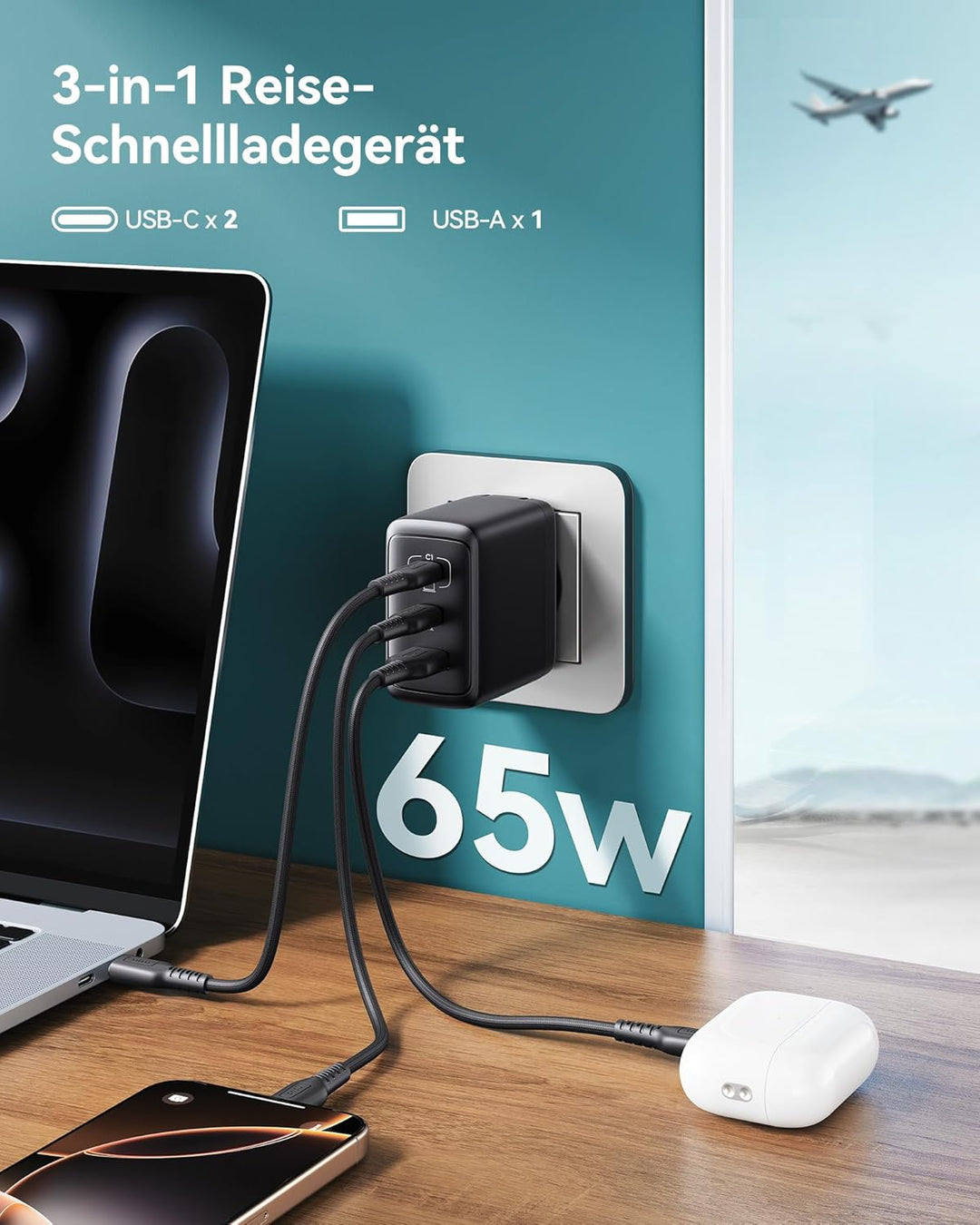 INIU 65W USB C Ladegerät, [USB-C * 2 + USB-A] Netzteil Mehrfach mit USB-C Kabel, PD 3.0 Schnellladeg
