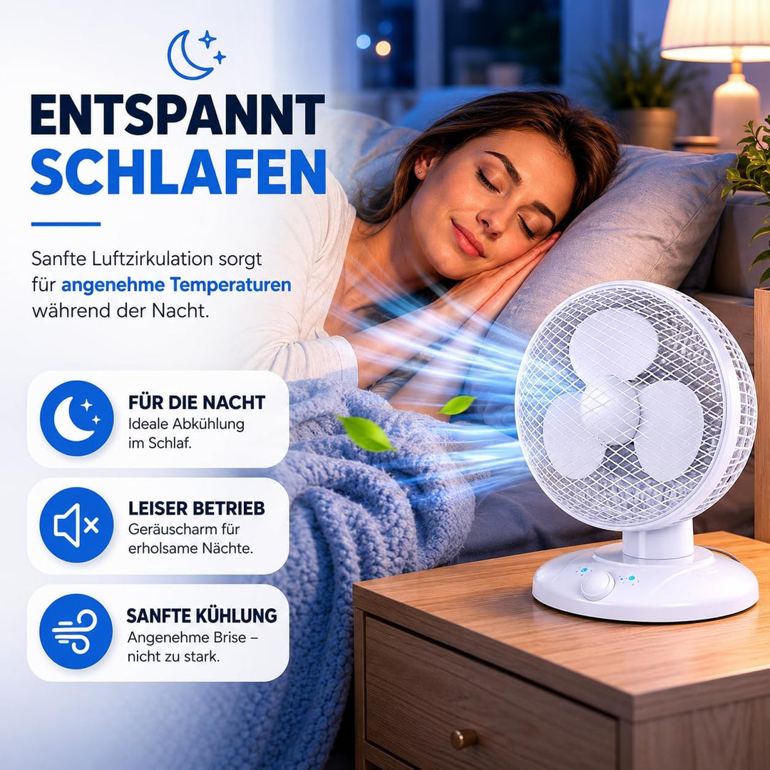 Leiser Tischventilator (30 cm) mit 90° Schwenkfunktion Ventilator – tragbares Design, 3 Leistungsstu