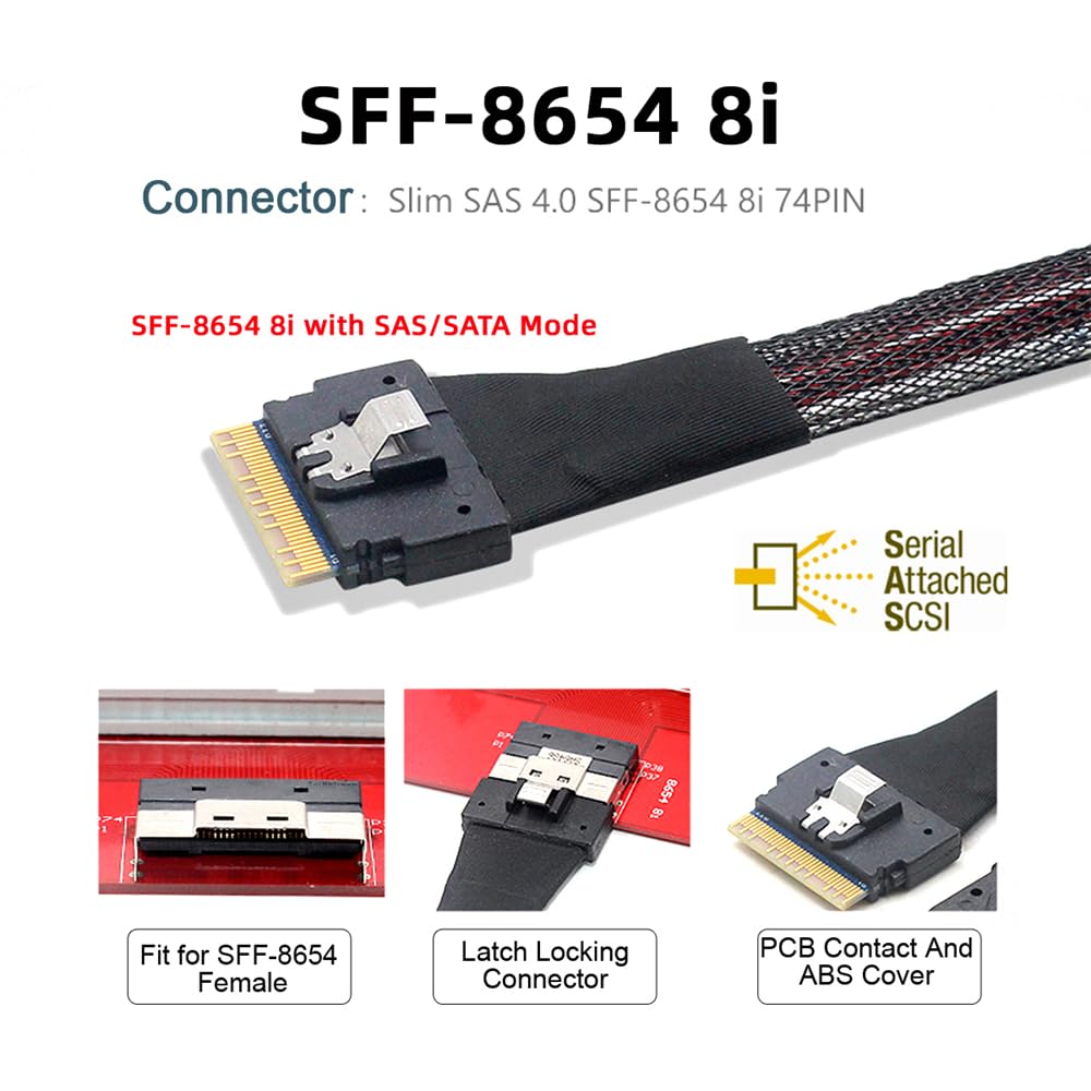 NFHK SlimSAS Host/RAID-zu-SATA-Zielkabel, Slim SAS 4.0 SFF-8654 8i 74Pin 1 zu 8 SATA 7Pin Raid Contr