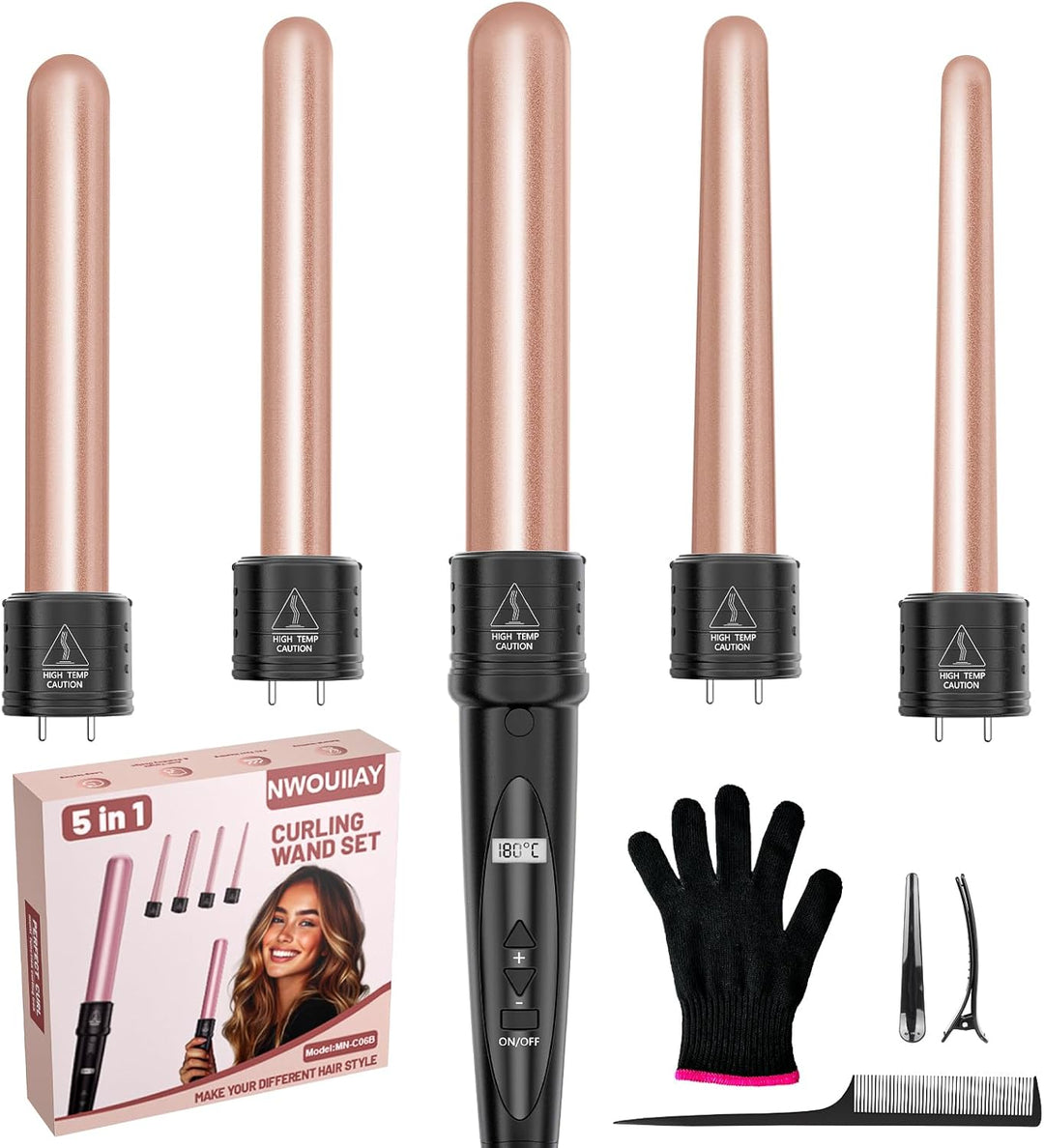 NWOUIIAY Lockenstab 5 in 1 LCD Lockenstab Grosse Locken & Kleine Locken, Lockenstäbe mit Keramikbesc