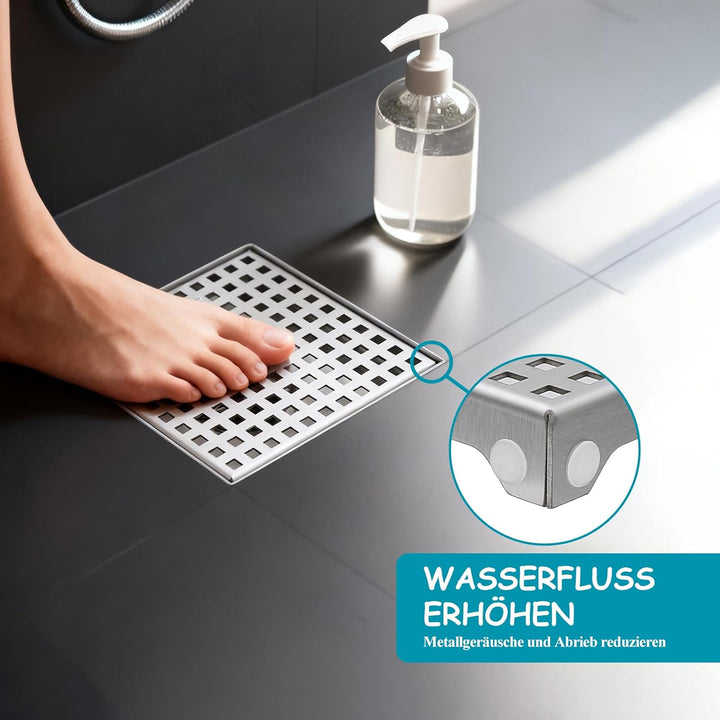 150 x 150 mm Bodenablauf Dusche Edelstahl Duschrinne mit 360° Siphon, Geruchsverschluss, Haarsieb un