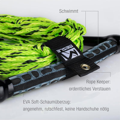 Mesle Wasserski und Wakeboard-Leine Ergo, Länge 23m Zug-Seil mit Hantel Griff lime, lime