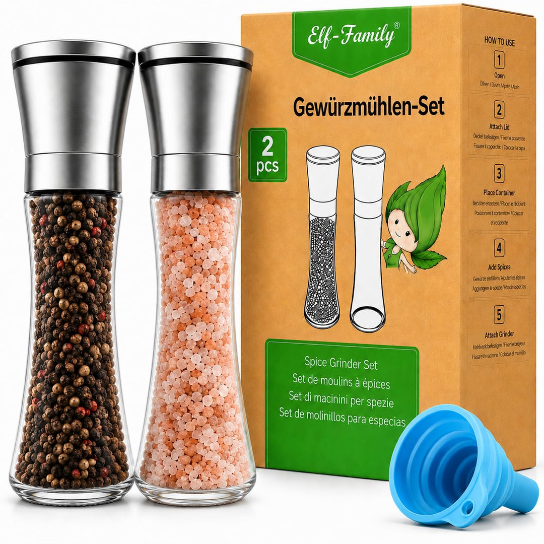 Elf-Family Salz und Pfeffermühle 2er Set, Pfeffermühle und Salzmühle mit Keramikmahlwerk, Stufenlos