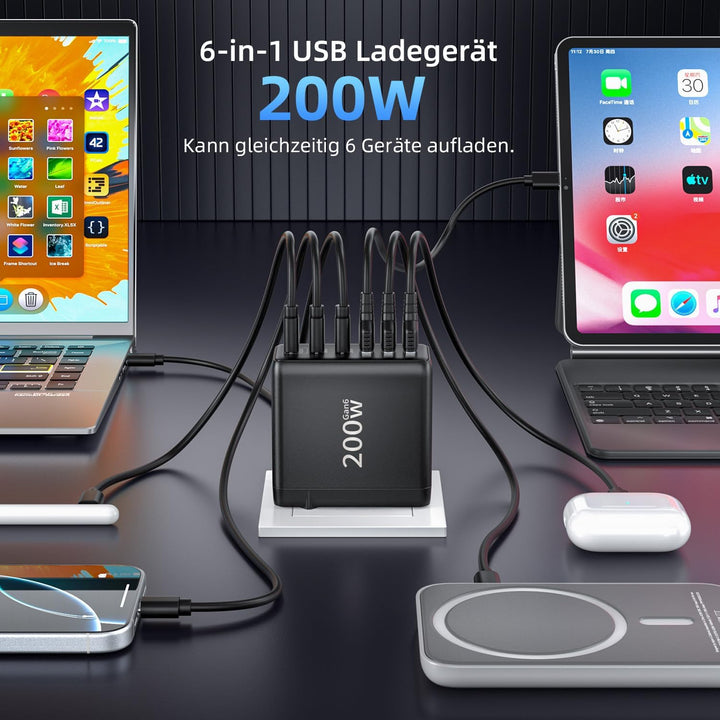 200W USB C Ladegerät, 6 Port Schnellladegerät mit 3 USBC und 3 USBA, GaN Mehrfach Netzteil, PD Charg