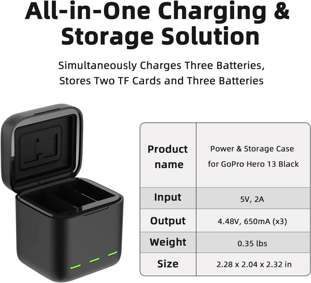 Akku-Ladegerät für Go Pro Hero 13 Black, Triple Slot USB-Ladekoffer mit Type-C Kabel Akkus Tragetasc