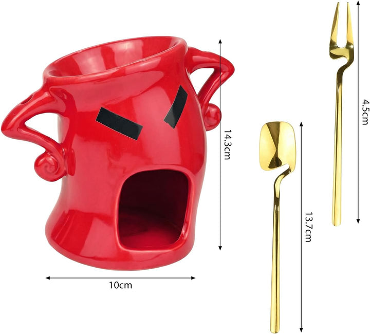 Schokofondue Tasse - Keramik Schokoladenfondue Set mit Löffel und Gabel, Einzigartiges Design mit Ha