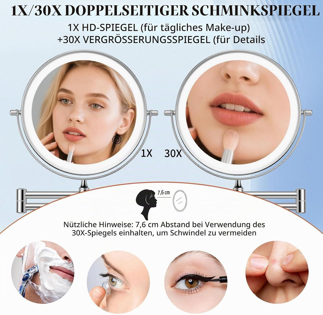 Famihomii 5000mAh Wiederaufladbar Kosmetikspiegel mit LED Beleuchtetung, 9 Zoll beidseitig 1X/30X Ve