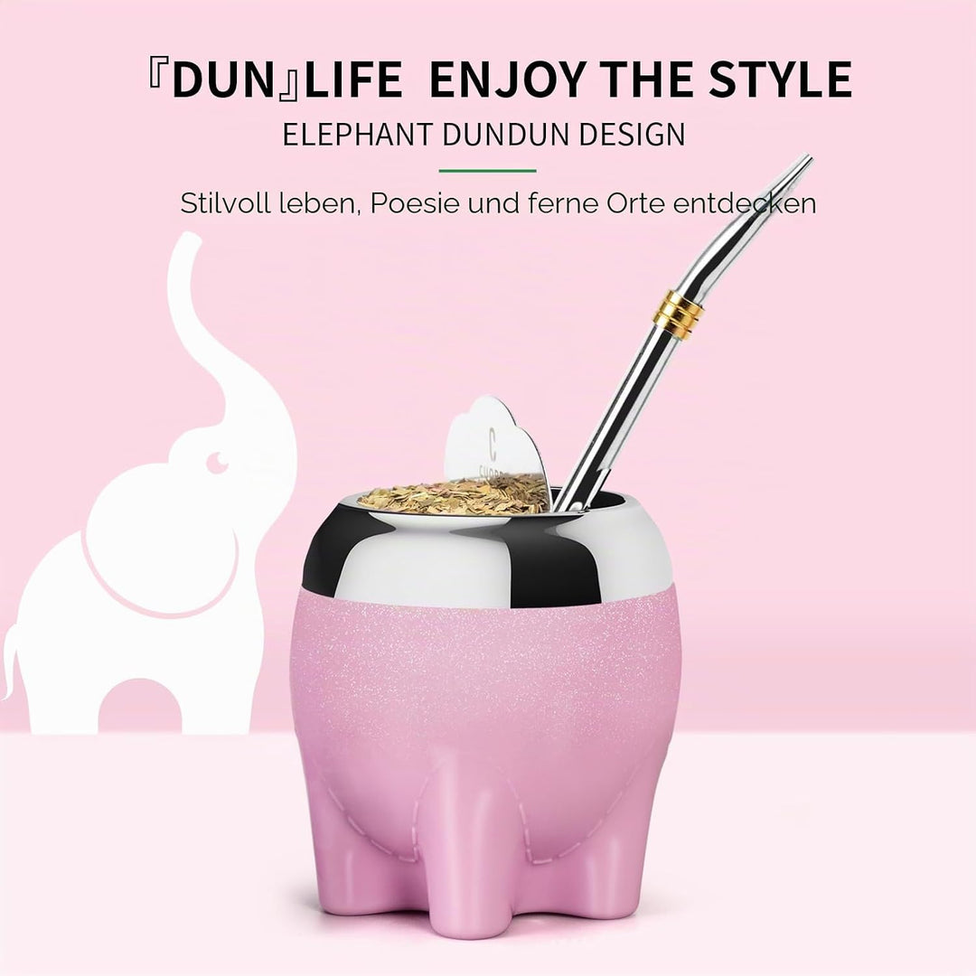 Premium Yerba Mate Tasse, 5-in-1-Set, inklusive Edelstahl-Kürbis (Glitzersterne, niedlicher Elefante
