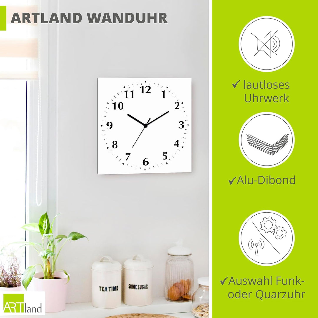 ARTLAND Wanddeko Wanduhr ohne Tickgeräusche Alu Funkuhr 30x30 cm Quadratisch Lautlos 12 Ziffern Farb