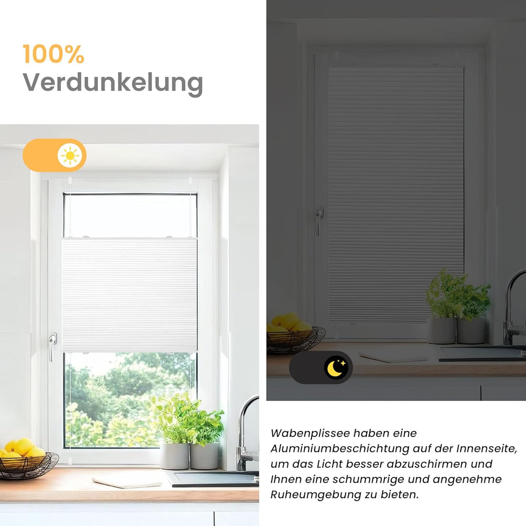 BelleMax Wabenplissee ohne Bohren verdunkelung Thermo plissee klemmfix, Weiss-weiss 40x80cm 100% Bli