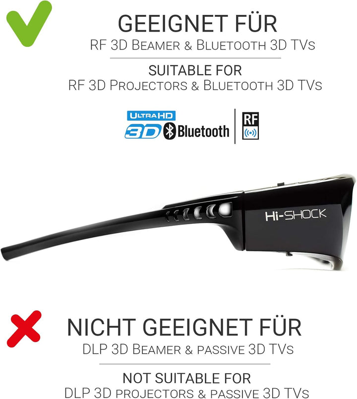 2X Hi-Shock BT/RF Pro Black Diamond | Bluetooth 3D Brille für 3DTV & 3D-RF Beamer von Sony, Epson, J
