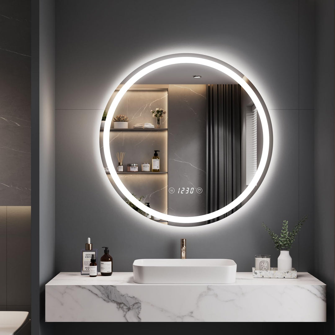 Dripex Badspiegel mit Beleuchtung Rund Led Spiegel mit Uhr und Touch-Schalter, Dimmbar, 3 Lichtfarbe