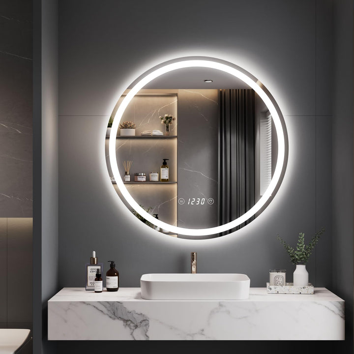 Dripex Badspiegel mit Beleuchtung Rund Led Spiegel mit Uhr und Touch-Schalter, Dimmbar, 3 Lichtfarbe