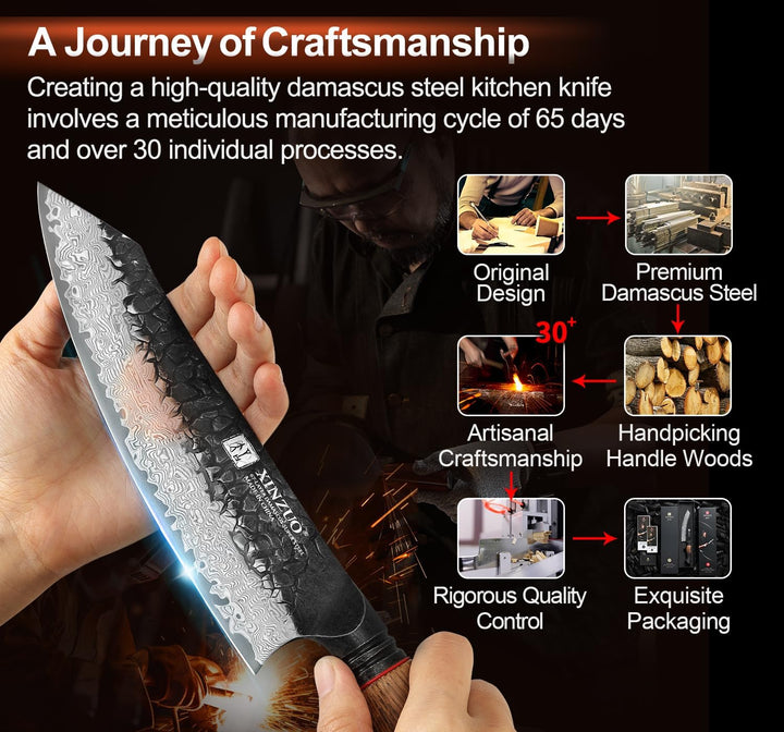 XINZUO Damaststahl 19,3cm Santokumesser -Hammerfinish Küchenmesser Scharfe Klinge Damastmesser -Prof