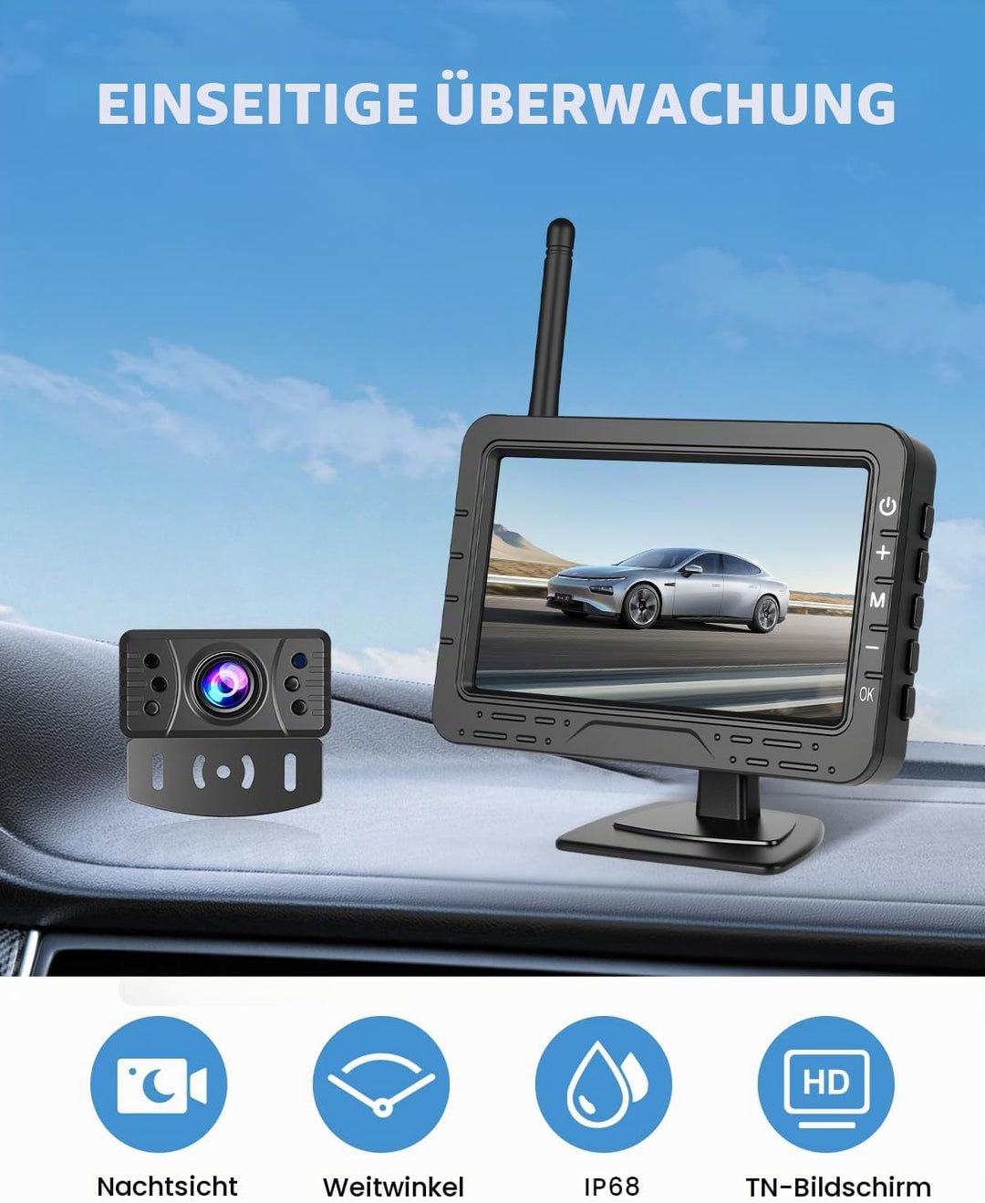 Hikity 4,3 Zoll Kabelloses Universelles Rückfahrkamera-System für Mini-Auto, Van, SUV, Pickup, Anhän