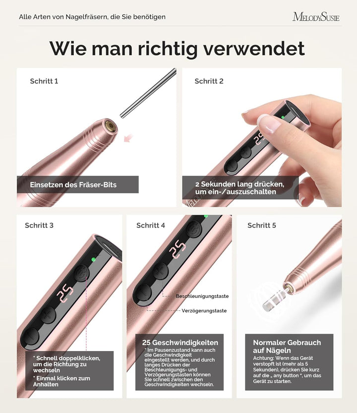 MelodySusie Kabellose Elektrische Nagelfräser 11 in 1 Kit, PC180F 25000RPM Tragbare Nagelfeile Set f