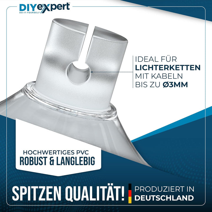 100 x Saugnapf für Lichterkette, Made in Germany, Saugnäpfe mit Kabel-Schlitz, Ideal als Befestigung