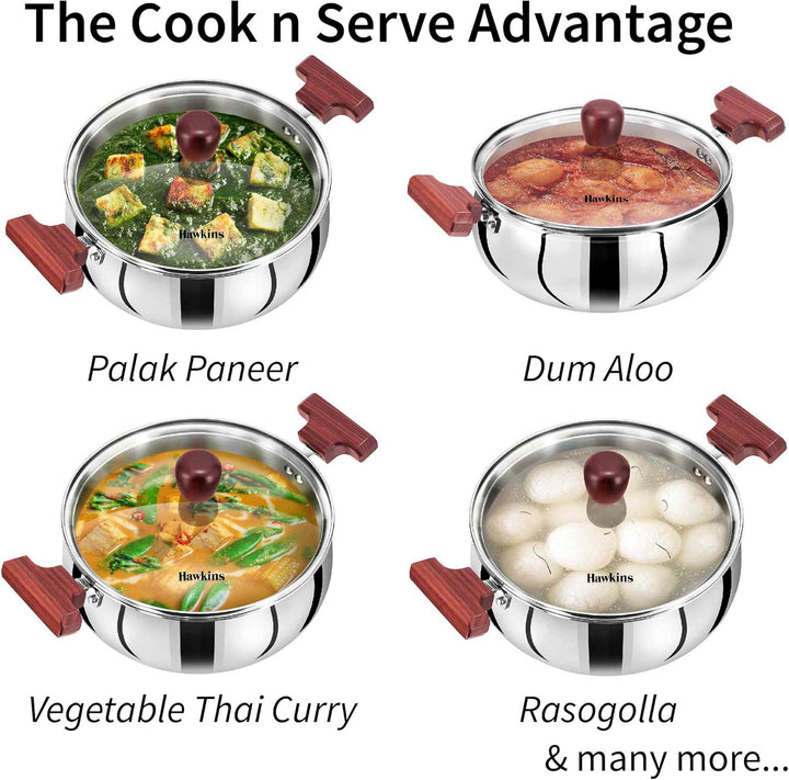 Hawkins 3 Liter Cook n Serve Handi Triply Edelstahl Handi mit Glasdeckel, Induktionssaucenpfanne, St