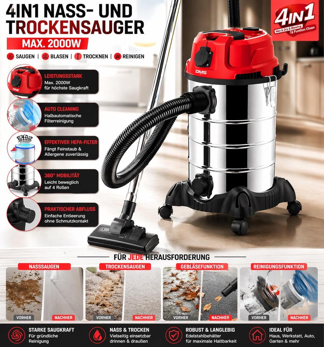 DMS Industriestaubsauger mit 2300 Watt | Nasssauger | Trockensauger | Edelstahl | Blasfunktion | Fil