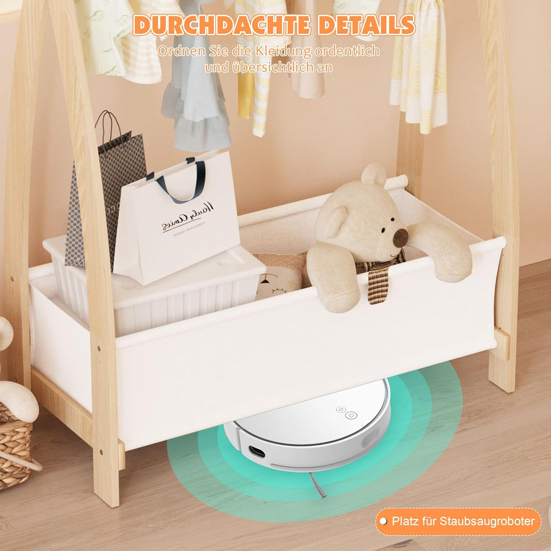 Kinder Kleiderständer Holz, Garderobenständer mit Aufbewahrungskiste und Kleiderstange, Kindergarder