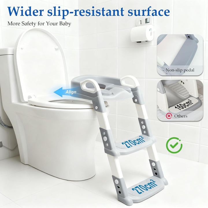 Kinder Toilettensitz mit Leiter – Faltbar, 6-fach höhenverstellbar, PU-Sitz in Grau, rutschfest – Ki