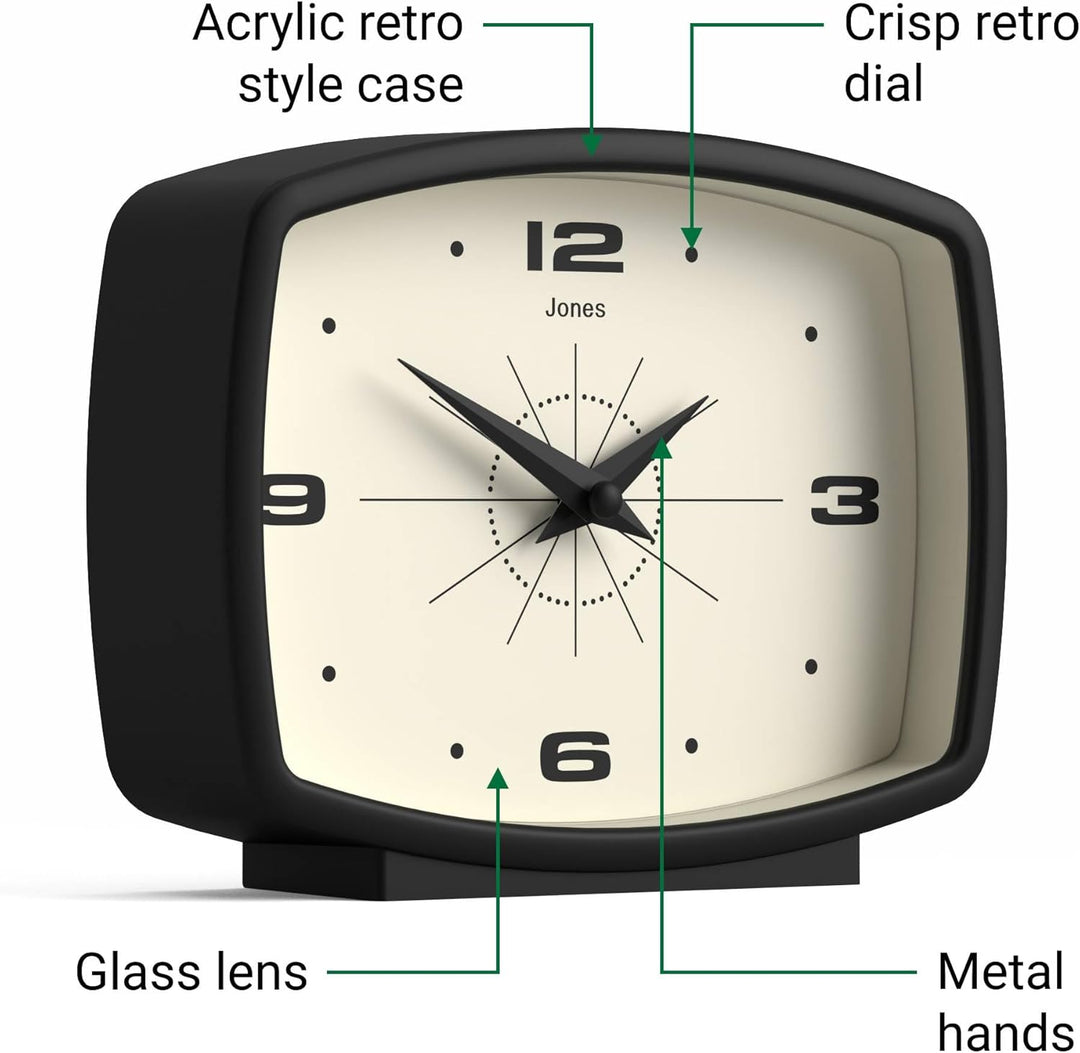 JONES CLOCKS® Schreibtischuhr 'Film' – rechteckiges Retro-Design in Schwarz, Cooler Look für Regal,