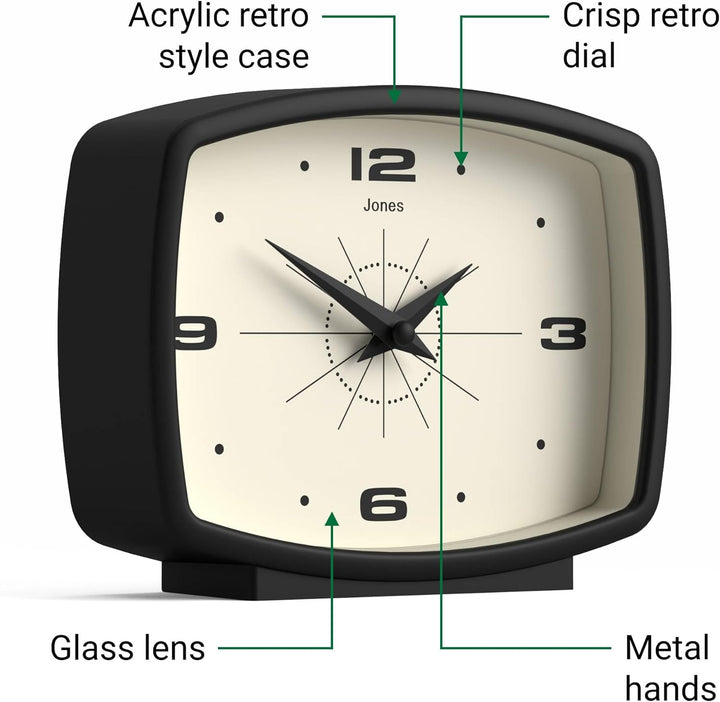JONES CLOCKS® Schreibtischuhr 'Film' – rechteckiges Retro-Design in Schwarz, Cooler Look für Regal,