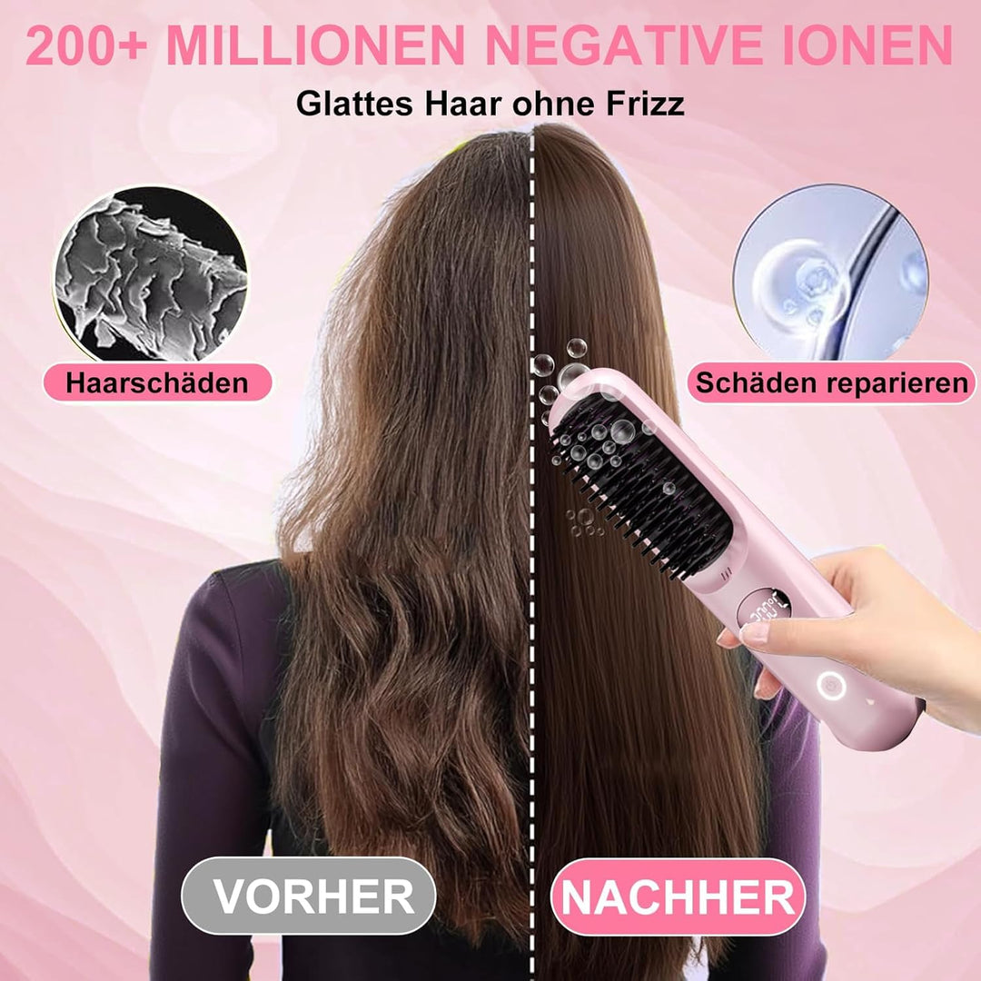 Kabellose Haarglätter Bürste - 3 Temperaturstufen, professionelle Keramikbeschichtung, Ionentechnolo