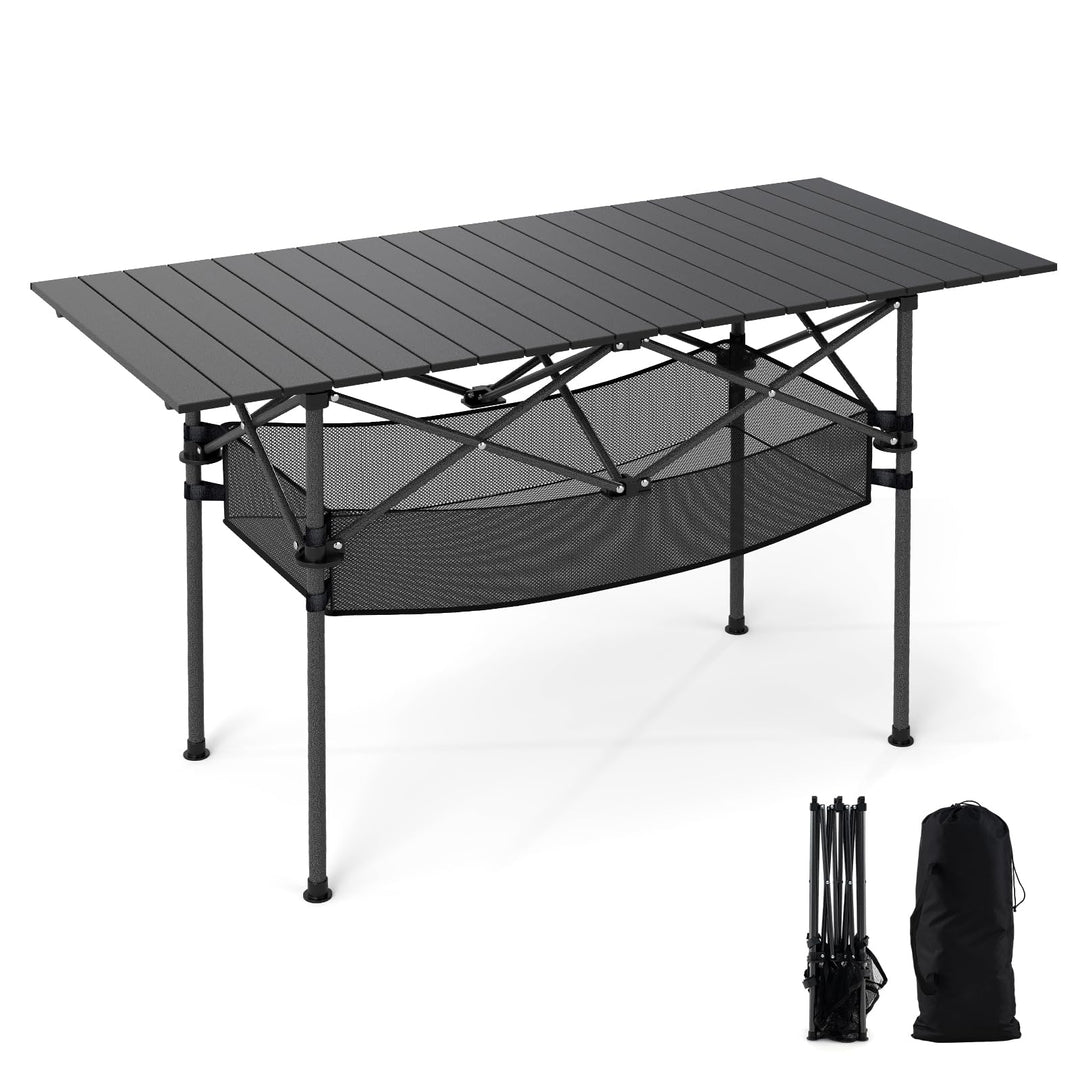 COSTWAY Campingtisch klappbar 119x55cm, Klapptisch mit aufrollbarer Aluminium-Tischplatte & Netzkorb