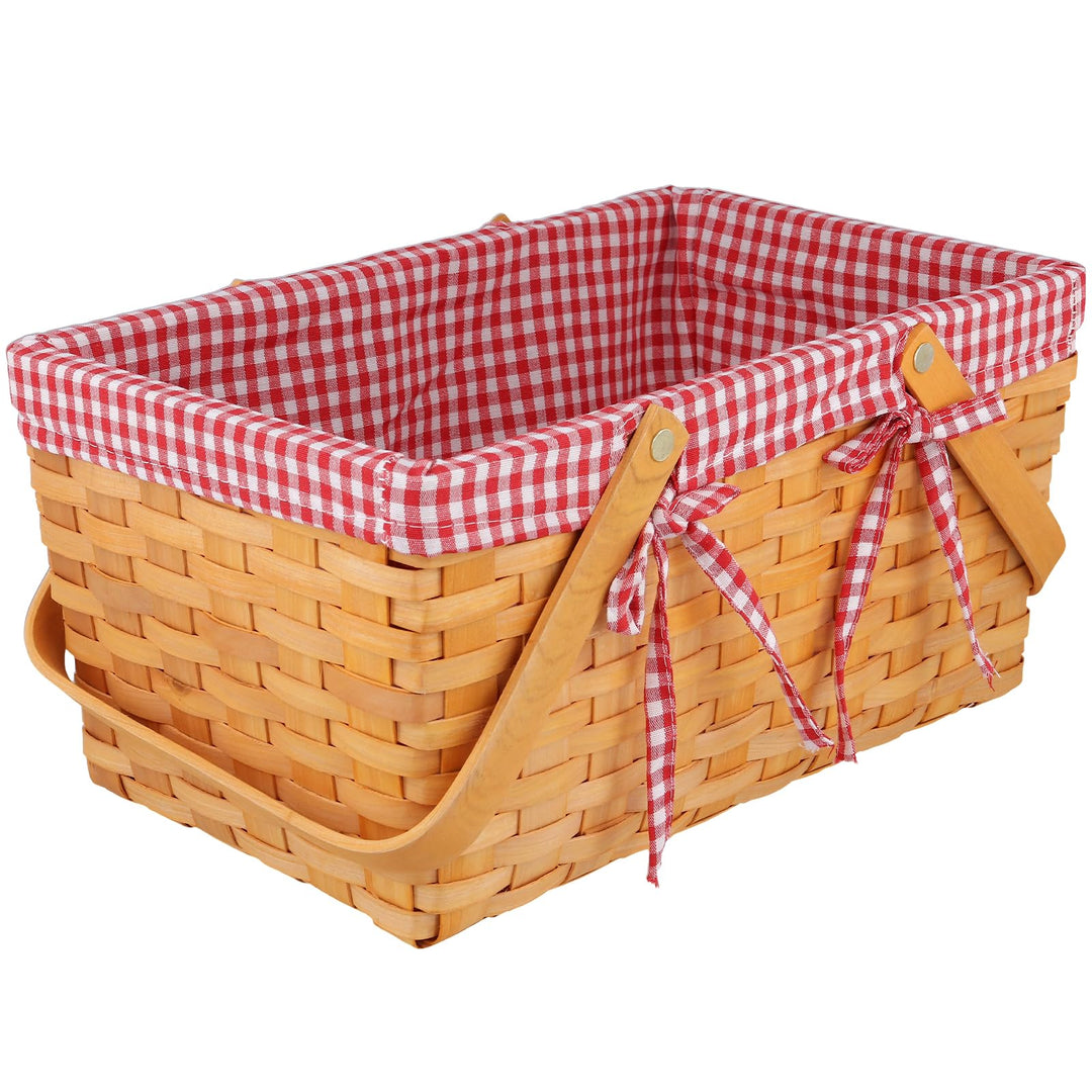 Picknickkorb mit Henkel, Weidenkorb Holz Einkaufskorb, 34 x 21 x 16 cm Geflochtener Korb mit Leinent