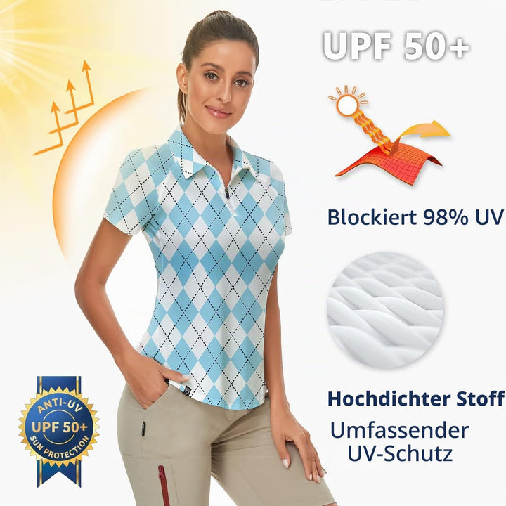 Soneven Atmungsaktiv Poloshirt Damen Leichtes Sportshirt Tailliert Karierte Bluse UPF 50+ Kurzarm 1/