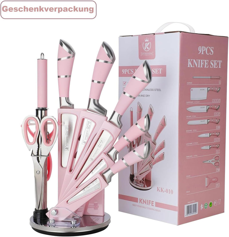 9-tlg Messerset mit Drehbare Acryl Messerblock, Rosa Sharp Antihaft Beschichtete Kochmesser Block Se