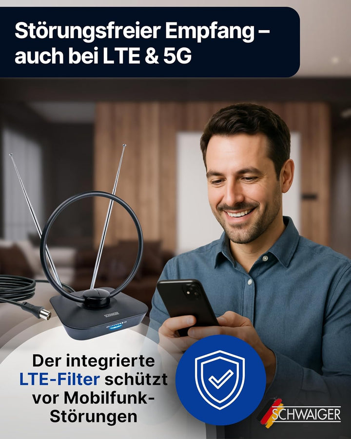 SCHWAIGER 720365 DVB-T2 Zimmerantenne aktiv mit Verstärker DAB+ DVB-T Antenne Fernsehen LTE-Sperrfil