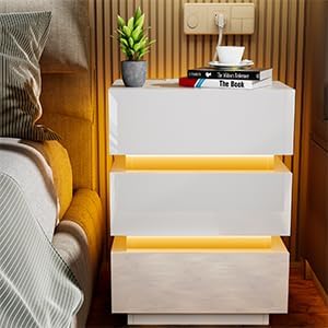 PIPIPOXER 2er Set Nachttisch Weiss, Nachttisch mit Led Steckdose & USB, Nachttisch 3 Schubladen 16 F