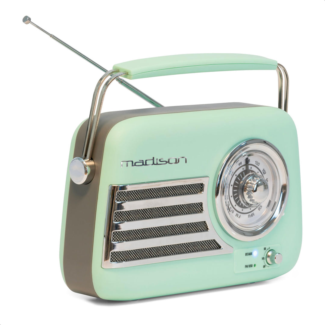 Madison - FREESOUND-VR40GR-MAT - 30W Vintage-Radio mit langem Akku - Bluetooth, USB & FM - Blassgrün