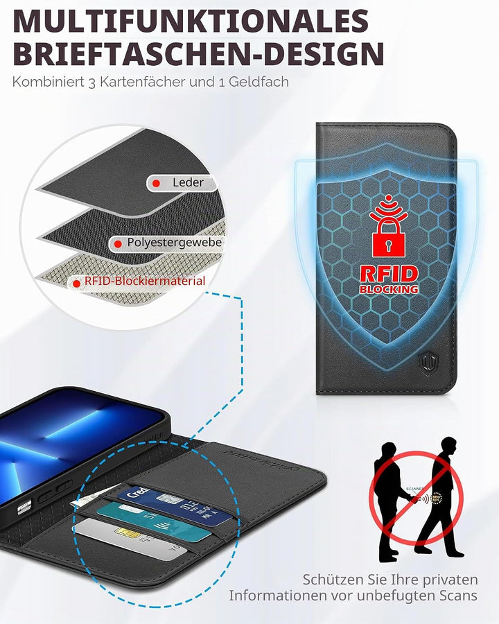 SHIELDON Hülle für iPhone 13 Pro, Handyhülle Schutzhülle [Echtleder] [Kartenfach] [Magnet] [Standfun