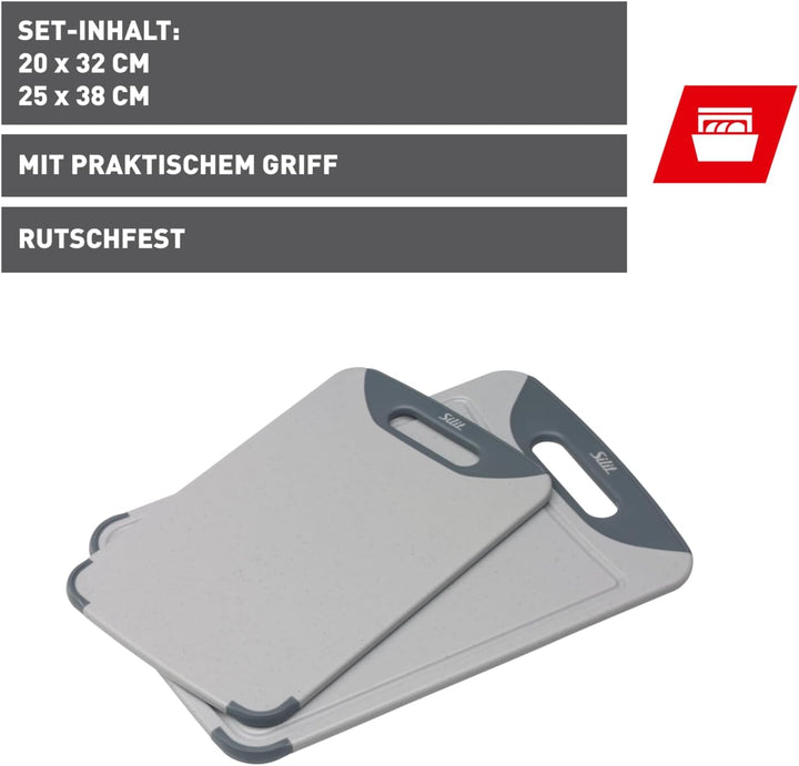 Silit Schneidebrett Kunststoff Set 2-teilig, Küchenbrett mit Saftrille, Aufhänge-/ Tragegriff, 2 Grö