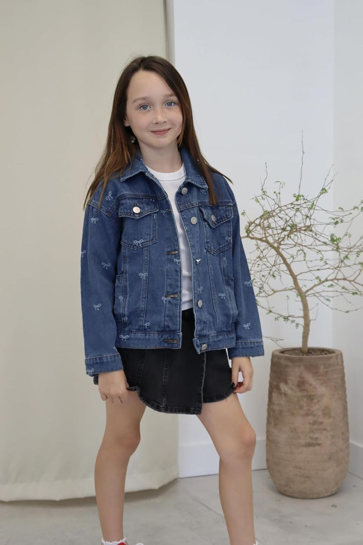 Rolanko Jeansjacke für Mädchen, Basic Trucker Jacke aus Denim Outwear Button Down Jeans Hemden 6-7 J